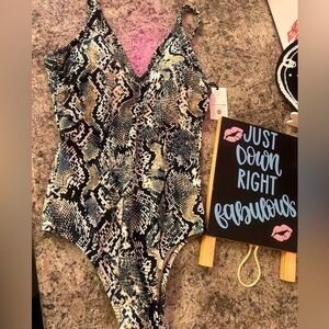 Snake Print One-Piece Swimsuit in Blue, black & Cream
